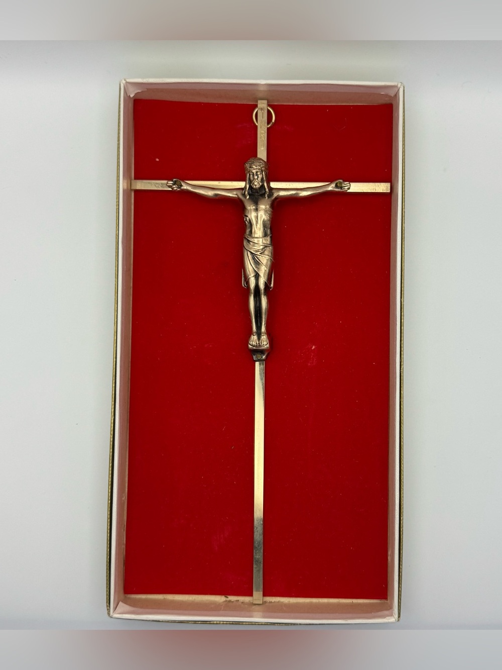 Vintage Brass Tone Wall Crucifix Cross with Jesus Corpus INRI in Original Box